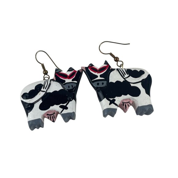 Handcrafted Bovine-Themed Dangle Earrings With Unique Black White Cow Design Whi - Picture 5 of 5